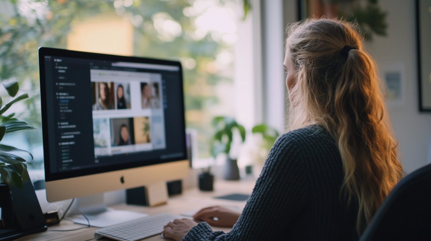 Kvinde der sidder ved sit skrivebord og har coworking sammen med andre via sin computerskærm